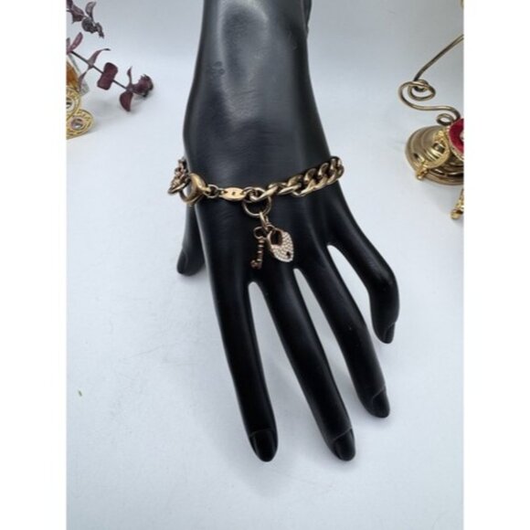 Fossil Link Bracelet Rose Gold Tone, Rhinestone Heart Lock Charm Whit Key- Cute - Picture 1 of 13